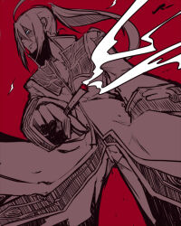 1boy ahoge blue_eyes cigarette closed_mouth coat commentary_request cowboy_shot glasses greyscale_with_colored_background high_ponytail high_priest_(ragnarok_online) holding holding_cigarette long_hair long_sleeves looking_afar male_focus pants pince-nez ponytail ragnarok_online red_background rondo_umigame smoke solo