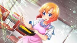 1girl :o apron bento blue_eyes blue_sailor_collar chair chopsticks cowboy_shot dutch_angle food fuyuzora game_cg highres higurashi_no_naku_koro_ni higurashi_no_naku_koro_ni_mei holding holding_chopsticks holding_pan indoors lens_flare light_particles looking_at_object looking_down non-web_source official_art omelet open_mouth orange_hair pink_apron ryuuguu_rena sailor_collar school_uniform serafuku shirt short_hair short_sleeves solo sparkle standing tamagoyaki white_shirt