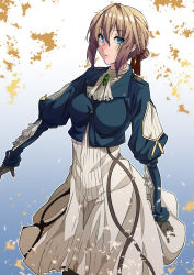 1girl absurdres blonde_hair blue_eyes blue_jacket braid braided_bun brooch brown_neckwear crown_braid dress gloves hair_bun hair_ribbon highres jacket jewelry juliet_sleeves julioalqae long_hair long_sleeves puffy_sleeves red_ribbon ribbon solo violet_evergarden violet_evergarden_(series) white_dress