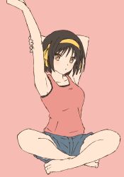 1girl barefoot blue_shorts brown_eyes brown_hair collarbone full_body hair_ribbon highres indian_style looking_at_viewer pink_background pink_shirt ribbon shirt short_hair short_shorts shorts sitting sleeveless sleeveless_shirt solo stretching suzumiya_haruhi suzumiya_haruhi_no_yuuutsu waka_849 yellow_ribbon