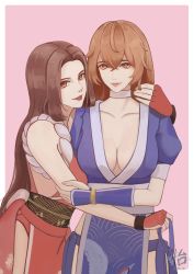 2girls absurdres artist_logo breasts brown_eyes brown_hair choker cleavage crossover dead_or_alive fatal_fury female_focus hair_down highres kasumi_(doa) large_breasts logo looking_at_viewer matching_hair/eyes multiple_girls ninja ninja_gaiden parted_lips shiranui_mai smile snk tecmo the_king_of_fighters trait_connection white_choker