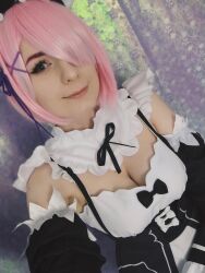 Rule 34 | bow, bowtie, breasts, cleavage, cosplay, highres, maid, maid headdress, medium breasts, photo (medium), pink hair, ram (re:zero), ram (re:zero) (cosplay), re:zero kara hajimeru isekai seikatsu, real life, short hair