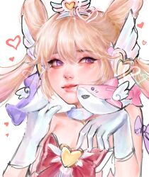 Rule 34 | blonde hair, cheek squash, detached collar, gloves, head wings, heart, heart on cheek, highres, juno (overwatch), magical girl, overwatch, purple eyes, red ribbon, ribbon, shark, sunxxxwhite, white gloves, wings