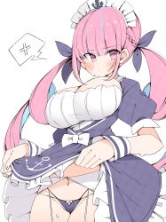 1girl absurdres blue_hair blush bow braid breasts clothes_lift hair_bow highres hololive kuma_no_bansoukou large_breasts lifting_own_clothes lingerie looking_at_viewer maid_headdress minato_aqua navel panties pink_eyes pink_hair simple_background skirt skirt_lift speech_bubble sweat thighs underwear virtual_youtuber white_background