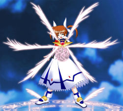 Rule 34 | 00s, 1girl, aiming, aiming at viewer, bow, closed eyes, energy ball, energy wings, female focus, full body, imageboard desourced, lyrical nanoha, magic circle, magical girl, mahou shoujo lyrical nanoha, mahou shoujo lyrical nanoha a&#039;s, non-web source, raising heart, raising heart (exelion mode), red bow, red hair, shoes, solo, takamachi nanoha, takamachi nanoha (sacred mode), twintails, weapon, white devil, winged footwear, wings