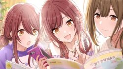 3girls book brown_eyes brown_hair cellphone english_text game_cg holding idolmaster idolmaster_shiny_colors idolmaster_shiny_colors_song_for_prism japanese_text jewelry kuwayama_chiyuki leaf multiple_girls necklace official_art open_book open_mouth orange_eyes osaki_amana osaki_tenka phone red_hair smartphone