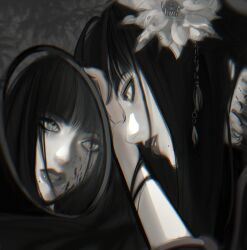1girl blood blood_on_face final_fantasy final_fantasy_xiv flower greyscale hair_flower hair_ornament hyur long_hair mirror mole mole_under_mouth monochrome parted_lips portrait reflection solo ymr18 yotsuyu_goe_brutus