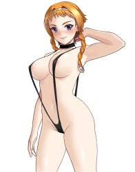 1girl absurdres black_collar blonde_hair blue_eyes blush braid breasts collar commentary_request exiled_warrior_leina hand_up headband highres large_breasts leina_(queen&#039;s_blade) mochimochi_(mochimochi_t_m) navel nipples queen&#039;s_blade short_hair slingshot_swimsuit smile swimsuit twin_braids