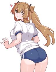 1girl absurdres alternate_costume ass black_ribbon blue_buruma blush brown_hair buruma closed_mouth commentary_request cowboy_shot from_behind girls&#039;_frontline hair_ribbon heart highres long_hair looking_at_viewer nikukabe ribbon shirt simple_background smile solo springfield_(girls&#039;_frontline) t-shirt white_background white_shirt
