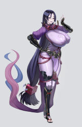 1girl absurdres arched_back arm_guards arm_up armor black_gloves bodysuit breasts cleavage commentary covered_erect_nipples covered_navel covered_sideboob crow019 curvy fate/grand_order fate_(series) fingerless_gloves from_side full_body gloves grey_background hand_on_own_hip highres huge_breasts impossible_bodysuit impossible_clothes japanese_armor japanese_clothes long_bangs long_hair looking_at_viewer low-tied_long_hair minamoto_no_raikou_(fate) open-toe_shoes open_hand open_mouth parted_bangs pelvic_curtain purple_bodysuit purple_eyes purple_hair purple_rope purple_shrug ribbed_shrug rope shin_guards shiny_clothes shrug_(clothing) sideways_glance simple_background smile solo tassel thighs very_long_hair white_background wide_hips