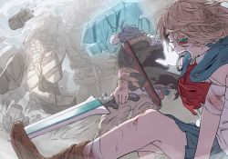 1boy 1girl aspara blood blue_eyes blue_skirt boots brown_footwear brown_hair clenched_teeth cloak fantasy floating_hair golem hair_ornament holding holding_sword holding_weapon knee_boots long_hair neckerchief original pants pleated_skirt red_neckerchief rock school_uniform scrape serafuku sheath sitting skirt standing sword teeth unsheathed weapon