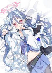 1girl 3: antenna_hair bed_sheet belt black_belt black_pantyhose blue_archive blue_hair blue_necktie blue_skirt blue_vest blush bow closed_mouth clothes_pull collarbone commentary_request dutch_angle embarrassed fubuki_(blue_archive) grey_hair groin hair_between_eyes hair_bow hair_ornament hair_spread_out halo hands_up heart heart_hair_ornament highres jacket kanikama_acedia loli long_hair long_sleeves looking_at_viewer loose_necktie lying multicolored_hair navel necktie on_back on_bed open_clothes open_jacket panties pantyhose pantyhose_pull partially_unbuttoned red_eyes red_halo shirt skirt skirt_pull sleeves_past_wrists solo stomach streaked_hair two-tone_hair underwear unworn_hair_bow vest wavy_mouth white_bow white_jacket white_panties white_shirt