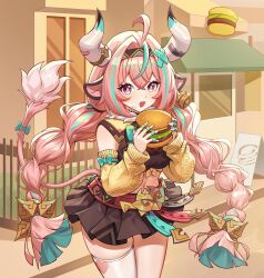 1girl absurdres ahoge animal_ears bell black_skirt braid burger cow_ears cow_girl cow_horns cow_tail detached_sleeves eating food french_fries genshin_impact hair_ornament highres holding holding_food horns long_hair looking_at_viewer midriff multicolored_hair navel open_mouth pink_hair purple_eyes single_thighhigh skirt solo tail thighhighs tutuxia twintails varesa_(genshin_impact) very_long_hair white_thighhighs