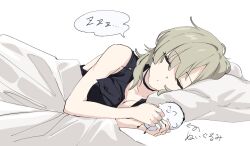 1girl blanket blue_archive breasts character_doll cleavage closed_eyes doll doodle_sensei_(blue_archive) medium_breasts momomatang pillow sensei_(blue_archive) sleeping solo speech_bubble suou_(blue_archive) translation_request upper_body white_background zzz