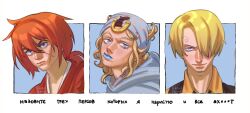 3boys blonde_hair bloodstone_(iastaraiusrisovatchashie) blue_eyes blue_hat blue_hoodie blue_lips commentary_request cross_scar facial_hair facial_scar goatee hair_over_one_eye hat highres himura_kenshin hood hoodie horseshoe japanese_clothes johnny_joestar jojo_no_kimyou_na_bouken male_focus multiple_boys one_piece orange_hair ponytail raised_eyebrow rurouni_kenshin russian_commentary russian_text sanji_(one_piece) scar scar_on_cheek scar_on_face signature smile steel_ball_run translation_request
