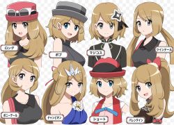 1girl alternate_costume ascot bag black_ribbon black_thighhighs blonde_hair blue_dress blue_eyes bow breasts brown_hair chart closed_mouth dress earrings eyelashes eyewear_on_headwear grey_eyes grey_hat hair_bow hair_ornament hair_ribbon hat high_ponytail highres jewelry long_hair long_sleeves looking_at_viewer nintendo official_alternate_costume open_mouth pink_hat pokemon pokemon_(anime) pokemon_journeys pokemon_masters_ex pokemon_xy pokemon_xy_(anime) ponytail red_hat ribbon serena_(champion)_(pokemon) serena_(palentine&#039;s_2021)_(pokemon) serena_(pokemon) serena_(sygna_suit)_(pokemon) shabana_may shirt short_hair shoulder_bag simple_background single-shoulder_dress sleeveless sleeveless_shirt smile sunglasses sweater thighhighs tiara turtleneck turtleneck_sweater twintails upper_body white-framed_eyewear white_ascot