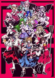 6+girls alice_margatroid black_hair blonde_hair detached_sleeves dress flandre_scarlet full_body green_hair grey_hair hakurei_reimu hat highres inubashiri_momiji japanese_clothes kirisame_marisa kochiya_sanae long_hair miko mob_cap multiple_girls purple_hair remilia_scarlet saigyouji_yuyuko second-party_source shameimaru_aya short_hair skirt tokin_hat touhou wings yakumo_yukari yamada_satoshi