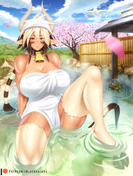 1girl animal_ears bell blacksaikou blonde_hair blue_sky blush breasts brown_hair cathyl cherry_blossoms cleavage cloud collar commentary cow_girl cow_horns cow_tail cowbell dark-skinned_female dark_skin day english_commentary facial_mark female_focus fur gen_4_pokemon gen_7_pokemon hair_between_eyes highres hooves horizontal_pupils horns huge_breasts long_hair looking_at_viewer meltan mole mole_under_eye monster_girl monster_musume_no_iru_nichijou multicolored_hair muscular muscular_female mythical_pokemon naked_towel neck_bell nintendo onsen outdoors parted_lips petals pointy_ears pokemon pokemon_(creature) sitting sky solo tail togekiss towel towel_on_head tree two-tone_hair water water_drop wet yellow_eyes