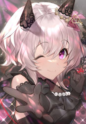 1girl absurdres animal_ears black_dress black_gloves bow commentary_request curren_chan_(sakutsuki_ma_cherie)_(umamusume) curren_chan_(umamusume) dress elbow_gloves gloves grey_hair hair_between_eyes hair_bow highres horse_ears horse_girl jewelry looking_at_viewer necklace one_eye_closed pearl_necklace pinky_out purple_eyes reaching reaching_towards_viewer smile solo string string_of_fate suzu_(suzuame329) umamusume upper_body