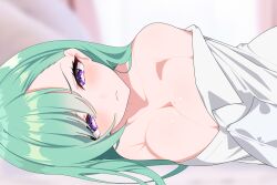 1girl blurry blurry_background blush breasts cleavage closed_mouth green_hair highres looking_at_viewer lying mole mole_on_breast off_shoulder omas_lie on_side purple_eyes shirt solo sweatdrop virtual_youtuber vspo! white_shirt yakumo_beni