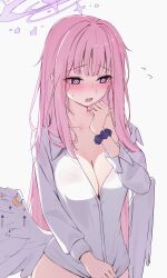 1girl @_@ angel_wings blue_archive breasts cleavage feathered_wings hair_down halo highres large_breasts long_hair low_wings mika_(blue_archive) nenight pink_hair pink_halo solo white_wings wing_ornament wings