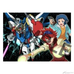2boys artist_request energy_sword blue_eyes blue_hair eyewear_on_head gundam gundam_build_fighters gunpla holding holding_shield holding_sword holding_toy holding_weapon iori_sei mecha mechanical_wings mobile_suit model_kit multiple_boys official_art open_mouth red_hair reiji_(gundam_bf) robot sample_watermark science_fiction shield smile star_build_strike_gundam sunglasses sword toy v-fin watermark weapon wings
