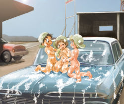 3boys barefoot blonde_hair blush brown_hair car car_wash erection foam hat kneeling male_focus mitsui_jun motor_vehicle multiple_boys nude one_eye_closed open_mouth outdoors penis playing short_hair shota soap tongue washing wet wink yaoi