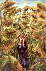 1girl artist_name black_dress blue_dress covering_own_eyes day dress facing_viewer fate/grand_order fate_(series) flower hands_up highres medium_hair open_mouth outdoors red_hair screaming solo sunflower t0da teeth upper_teeth_only van_gogh_(fate) van_gogh_(first_ascension)_(fate)