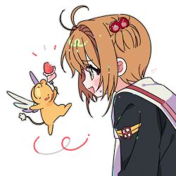 1girl :d black_shirt blush brown_hair cake cake_slice cardcaptor_sakura food fork from_side fruit green_eyes hair_bobbles hair_ornament highres holding holding_fork kero_(cardcaptor_sakura) kinomoto_sakura one_side_up open_mouth sailor_collar school_uniform serafuku shirt short_hair simple_background small_sweatdrop smile strawberry upper_body white_background white_sailor_collar wings yalmyu