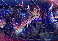 1girl black_gloves blue_hair choker city city_lights cityscape commentary_request earrings fence from_behind gloves grey_jacket hair_between_eyes hand_up jacket jewelry kamitsubaki_studio koko_(kamitsubaki_studio) long_hair long_sleeves looking_at_viewer looking_back mebaru neon_lights official_art parted_lips purple_eyes ring rooftop sideways_glance skyline solo tokyo_tower upper_body virtual_youtuber wire