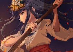1girl akkai_(0343) blunt_bangs floating_hair flower from_side furude_rika hair_flower hair_ornament head highres higurashi_no_naku_koro_ni holding japanese_clothes long_hair miko open_mouth profile purple_eyes sidelocks solo wide_sleeves
