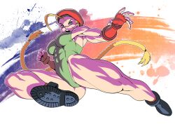 1girl abs armpits blonde_hair blue_eyes boots braided_twintails breasts cammy_white clenched_hand fingerless_gloves from_below full_body gloves green_leotard leotard medium_breasts muscular muscular_female open_hand open_mouth pokkuti red_gloves simple_background solo street_fighter v-shaped_eyebrows