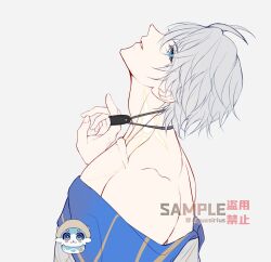 1boy antenna_hair aqueasirius bare_shoulders black_choker blue_eyes bubbles_(honkai:_star_rail) chimera_(honkai:_star_rail) choker collar_tug from_side honkai:_star_rail honkai_(series) male_focus neck_tattoo parted_lips phainon_(honkai:_star_rail) profile short_hair solo sun_symbol sun_tattoo tan tattoo toned toned_male twitter_username upper_body watermark white_hair