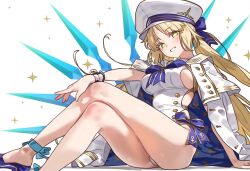 Rule 34 | 1girl, absurdres, artoria caster (fate), artoria pendragon (fate), blonde hair, blue lips, blue nails, breasts, commentary, crossed legs, ebora, fate/grand order, fate (series), green eyes, hat, highres, jacket, jacket on shoulders, long hair, looking at viewer, low twintails, medium breasts, military jacket, parted lips, sideboob, sitting, smile, solo, twintails, white hat, white jacket