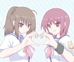 2girls ahoge angel_beats! blue_background brown_eyes brown_hair commentary heart heart_hands heart_hands_duo highres hisako_(angel_beats!) iwasawa_masami long_hair multiple_girls nanatsu95 pink_background red_eyes red_hair school_uniform serafuku shinda_sekai_sensen_uniform shirt short_hair smile striped_background two-tone_background upper_body white_shirt