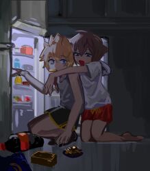2boys alternate_costume barefoot black_shorts black_socks blonde_hair blue_eyes bottle box brown_hair child commentary_request dark expressionless food food_in_mouth full_body grey_tank_top hand_up happy highres hood hood_down hooded_shirt hug hug_from_behind indoors keiseki1 kingdom_hearts kitchen kneeling looking_at_another male_focus multiple_boys night open_mouth plate red_shorts refrigerator refrigerator_interior roxas shirt short_hair short_shorts shorts sidelighting smile socks soda_bottle sora_(kingdom_hearts) spiked_hair squatting tank_top white_shirt