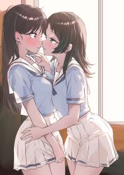 2girls absurdres bang_dream! bang_dream!_it&#039;s_mygo!!!!! black_hair blue_eyes blue_neckerchief blue_shirt blush brown_hair commentary eye_contact hand_on_another&#039;s_chin hashtag-only_commentary highres houji_tea_latte imminent_kiss long_hair looking_at_another medium_hair midriff_peek multiple_girls neckerchief open_mouth parted_lips pleated_skirt purple_eyes sailor_collar school_uniform serafuku shiina_taki shirt skirt white_sailor_collar white_skirt yahata_umiri yuri