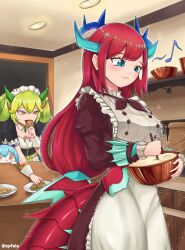 3girls apron blue_eyes blue_hair blush bowl breasts chef cleavage closed_mouth collarbone cookie detached_collar dragon_girl dragon_horns dragon_tail dragon_wings duel_monster eating food frilled_apron frilled_hairband frills green_hair hairband highres holding holding_bowl holding_spoon horns kitchen_dragonmaid large_breasts laundry_dragonmaid leaf long_hair long_sleeves looking_at_another maid_apron multiple_girls musical_note open_mouth orange_eyes parlor_dragonmaid puffy_long_sleeves puffy_short_sleeves puffy_sleeves red_hair short_sleeves smile spoon tail twintails white_apron wings wislley wrist_cuffs yu-gi-oh!