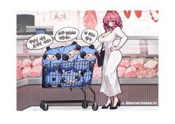 1girl 1other bag black_shoes blue_hair bluecup breasts cleavage commentary dongtan_dress dress english_commentary food hair_ornament hairclip hand_on_own_hip high_heels indie_virtual_youtuber korean_text large_breasts meat meme_attire multicolored_hair pink_hair red_eyes rosetta_(vtuber) shoes shopping_cart solo_focus translation_request two-tone_hair virtual_youtuber white_dress