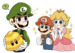 1girl 2boys blonde_hair blue_eyes blue_overalls breasts brown_footwear brown_hair crown dress earrings elbow_gloves facial_hair gloves highres jewelry long_hair long_sleeves looking_at_viewer luigi mario mario_(series) mimimi_(mimimim9999) multiple_boys nintendo overalls princess_peach red_shirt shirt smile sphere_earrings super_bell super_mario_3d_world