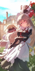&gt;_&lt; 1girl absurdres alexandrina_sebastiane apron back_bow black_dress blonde_hair blue_sky blush bolt_(hardware) bow bowtie box_(bagsang59049289) braid breasts brown_hair bush buttons closed_eyes cloud cloudy_sky collared_dress commentary creature day dress english_commentary floating_hair flower frills grass hair_between_eyes hair_bow hair_ornament hairpin highres holding_own_arm juliet_sleeves large_bow large_breasts long_hair long_sleeves looking_at_viewer low-tied_long_hair maid maid_headdress mansion outdoors puffy_sleeves red_eyes red_flower red_rose rose short_hair sky smile standing teeth twin_braids white_apron white_bow white_bowtie white_flower window yellow_flower yellow_rose zenless_zone_zero