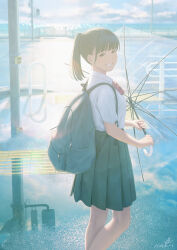 Rule 34 | 1girl, backpack, bag, black eyes, black hair, black skirt, collared shirt, grin, highres, holding, holding umbrella, looking at viewer, morning, original, outdoors, papi (papiron100), pleated skirt, ponytail, puddle, school uniform, shirt, skirt, smile, solo, traffic light, transparent, transparent umbrella, umbrella, white shirt