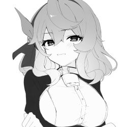 1girl ako_(blue_archive) bell blue_archive blush breasts cowbell crossed_arms enka_(nacl_chica) greyscale headband highres large_breasts looking_at_viewer monochrome solo