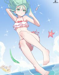 Rule 34 | 1boy, 1girl, absurdres, artist name, bald, bare legs, bikini, bikini skirt, blue sky, bow, breasts, collarbone, day, feet, flipped hair, floating, frilled bikini, frills, full body, green eyes, green hair, highres, innertube, levitation, ocean, one-punch man, paid reward available, petite, psychic, saitama (one-punch man), short hair, sky, small breasts, solo focus, starfish, swim ring, swimsuit, tatsumaki, telekinesis, thighs, toenails, toes, water, water drop, white bikini, zambonito