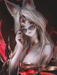 Rule 34 | 1girl, ahri (league of legends), animal ear fluff, animal ears, aoi ogata, artist name, bare shoulders, black-framed eyewear, black dress, breasts, cleavage, clip studio paint (medium), closed mouth, commentary, commission, dress, english commentary, facial mark, forehead mark, fox ears, grey hair, hand up, head tilt, highres, immortalized legend ahri, large breasts, league of legends, light smile, long hair, looking at viewer, looking over eyewear, parted bangs, red eyes, red lips, smile, solo, sunglasses, upper body