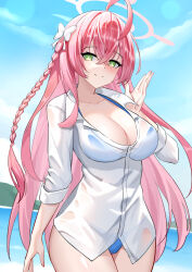 1girl absurdres ahoge arm_at_side bikini bikini_under_clothes blue_archive blue_bikini blue_sky blush bow braid breasts bright_pupils cleavage closed_mouth cloud collarbone collared_shirt commentary cowboy_shot crossed_bangs dai_mao_xuan_yi day green_eyes hair_between_eyes hair_bow halo halterneck hanako_(blue_archive) hanako_(swimsuit)_(blue_archive) hand_up highres lake large_breasts light_smile long_hair long_sleeves looking_at_viewer no_pants official_alternate_costume outdoors pink_halo shirt side_braid single_braid sky sleeves_pushed_up solo standing swimsuit very_long_hair water wet wet_clothes wet_shirt white_bow white_pupils white_shirt