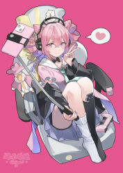 1girl ? absurdres aqua_necktie arknights artist_name asymmetrical_legwear black_socks blush braid cellphone chinese_commentary closed_mouth cone_hair_bun controller double_bun drill_hair fingernails game_controller gradient_eyes gradient_hair hair_bun hamster headphones highres holding knees_up long_hair long_sleeves looking_at_viewer multicolored_eyes multicolored_hair nail_polish necktie origami42169025 phone pink_background pink_eyes pink_hair pink_shirt purple_hair purple_nails sailor_collar seed selfie_stick shirt simple_background smartphone smile socks speech_bubble sunflower_seed swivel_chair thighs twintails two-tone_hair u-official_(arknights) uneven_legwear v v-shaped_eyebrows white_sailor_collar white_socks