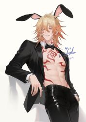 Rule 34 | 1boy, abs, alternate costume, animal ear hairband, animal ears, black bow, black bowtie, black jacket, black pants, blonde hair, bow, bowtie, braid, chest tattoo, commentary, cowboy shot, detached collar, facial tattoo, fake animal ears, gradient hair, hair between eyes, hairband, hand in pocket, highres, honkai: star rail, honkai (series), iorighin, jacket, looking at viewer, male focus, male playboy bunny, medium hair, multicolored hair, mydei (honkai: star rail), open clothes, open jacket, pants, rabbit ear hairband, rabbit ears, red hair, red tattoo, side braid, simple background, solo, tattoo, toned, toned male, twitter username, watermark, white background, yellow eyes