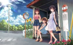 Rule 34 | 3girls, :d, black hair, blue skirt, brown footwear, brown hair, brown hat, cloud, collarbone, commentary, day, denim, denim skirt, dress, flower, fukahire (ruinon), half updo, hands on own knees, hat, holding, looking at viewer, multiple girls, no socks, off shoulder, open mouth, original, pocketbook, purple dress, red flower, road sign, sandals, short hair, siblings, sign, sisters, sitting, skirt, sky, smile, standing, white footwear