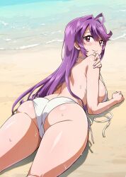 1girl ahoge ass back bare_shoulders beach bikini blush breasts fujiyama_shinobu highres huge_ass large_breasts long_hair looking_at_viewer looking_back lying mahou_shoujo_201 mucha_(muchakai) ocean official_art on_stomach purple_hair red_eyes sand sideboob sidelocks swimsuit thick_thighs thighs untied_bikini_top water white_bikini wide_hips